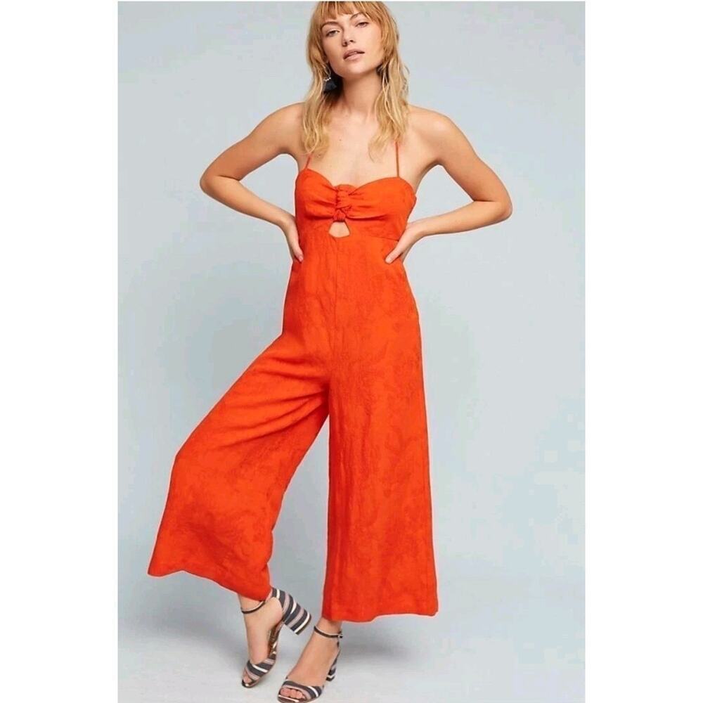 Anthropologie Elevenses Tropicale Jumpsuit Sz 4 Linen Blend Crop Wide Leg